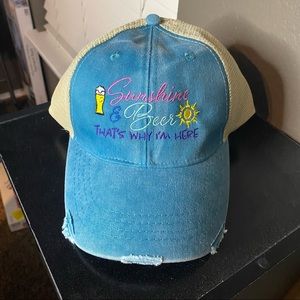 Sunshine and beer that’s why I’m here Distressed trucker hat